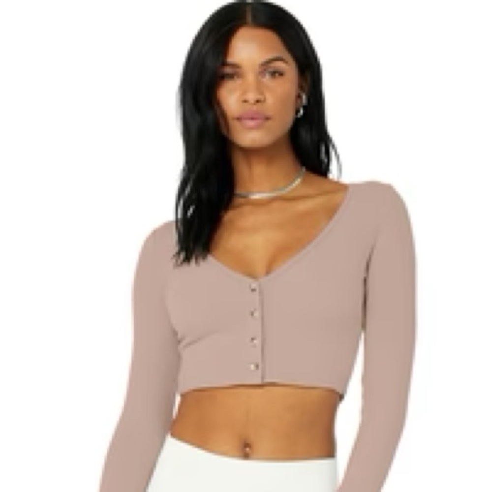 ALO Ribbed Cropped Whisper Cardigan- Dusty Pink Small